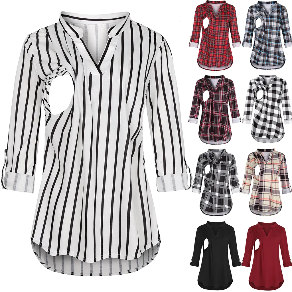 Tees Annelik Emzirme Tişörtü V Yaka Bluzlar Gömlekler Uzun Kollu Çizgili Emzirme Üstleri Hamile Kadınlar İçin Giysiler_voghion.com