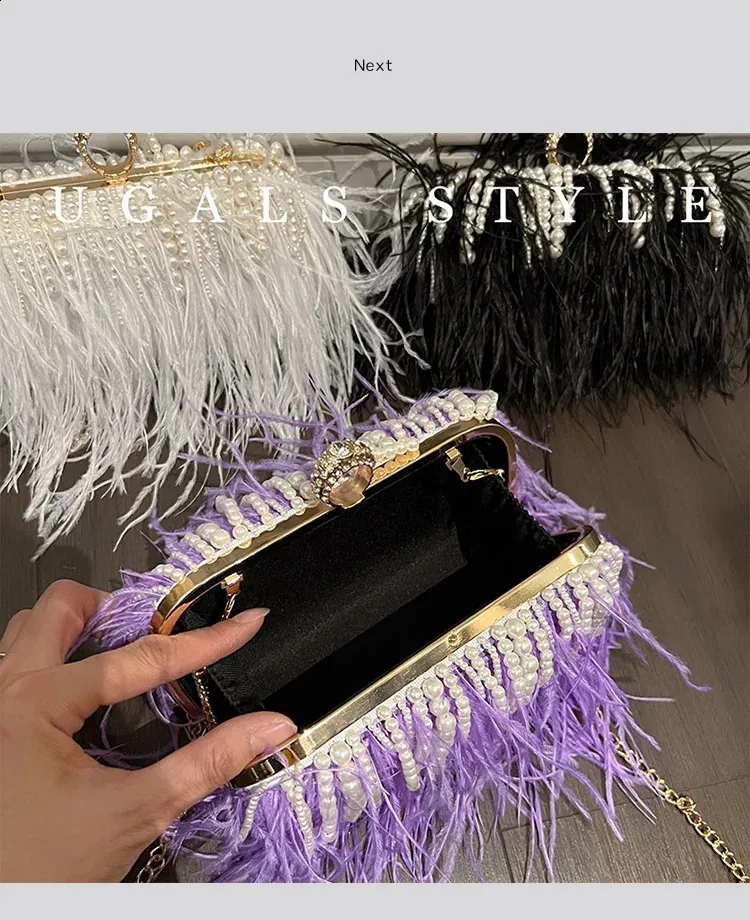 Pochette de soirée en plumes avec perles pour mariage et soirée_voghion.com
