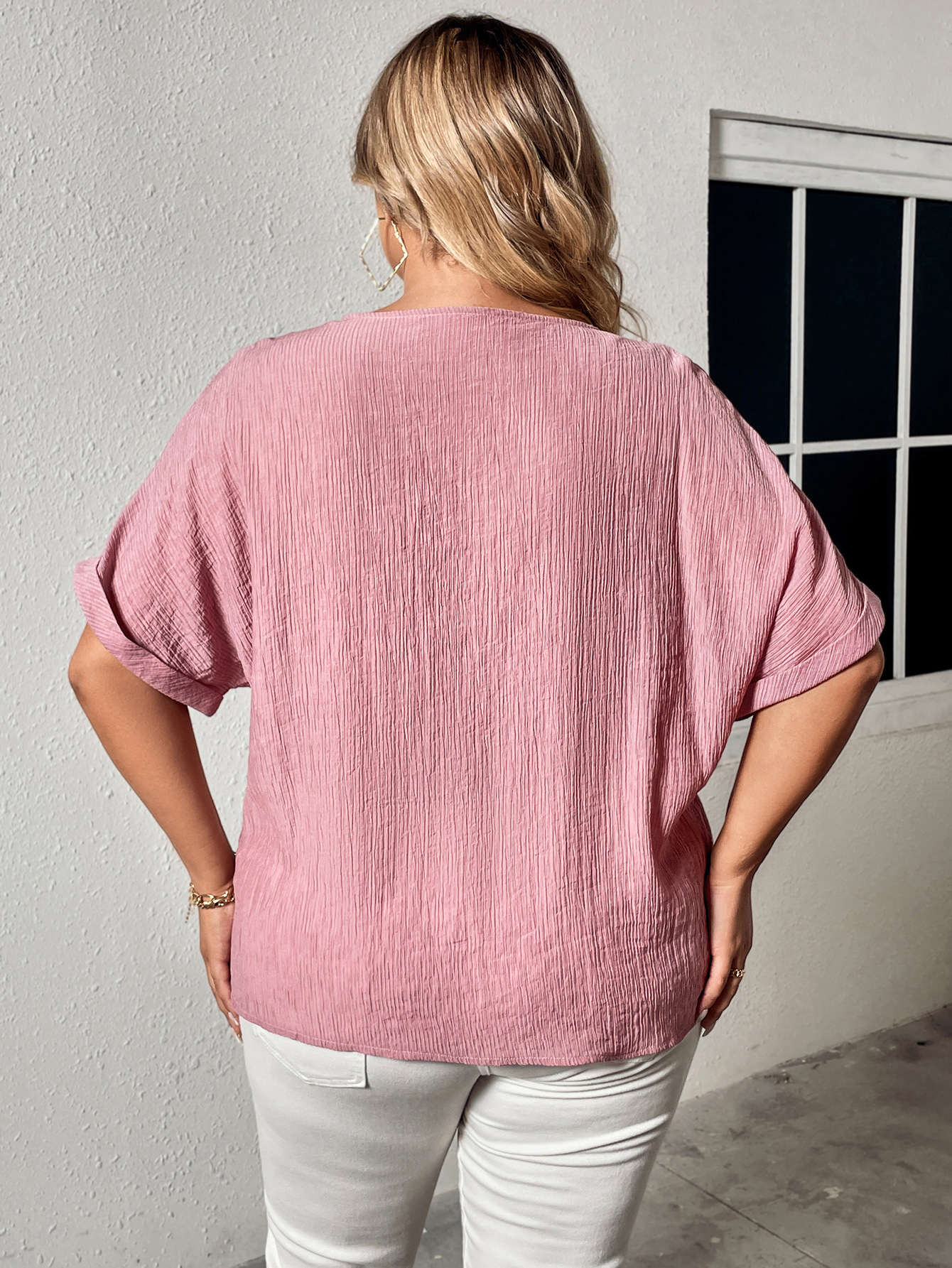 Women's linen v-neck button loose slim short-sleeved shirt tops for women_voghion.com