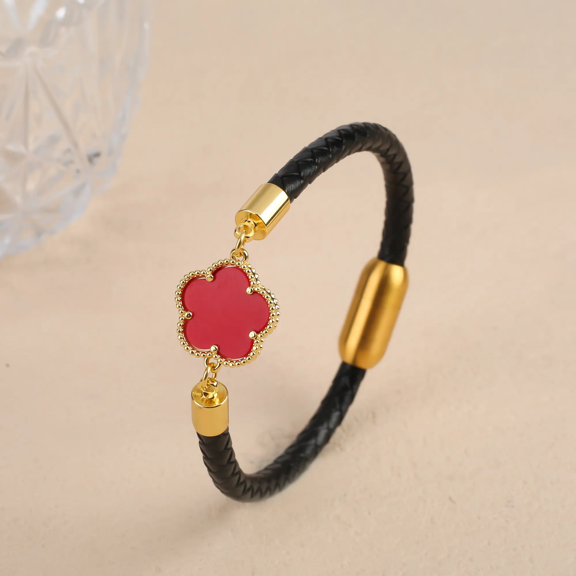 Clover Charm Leather Bracelet For Men And Women Simple Style_voghion.com