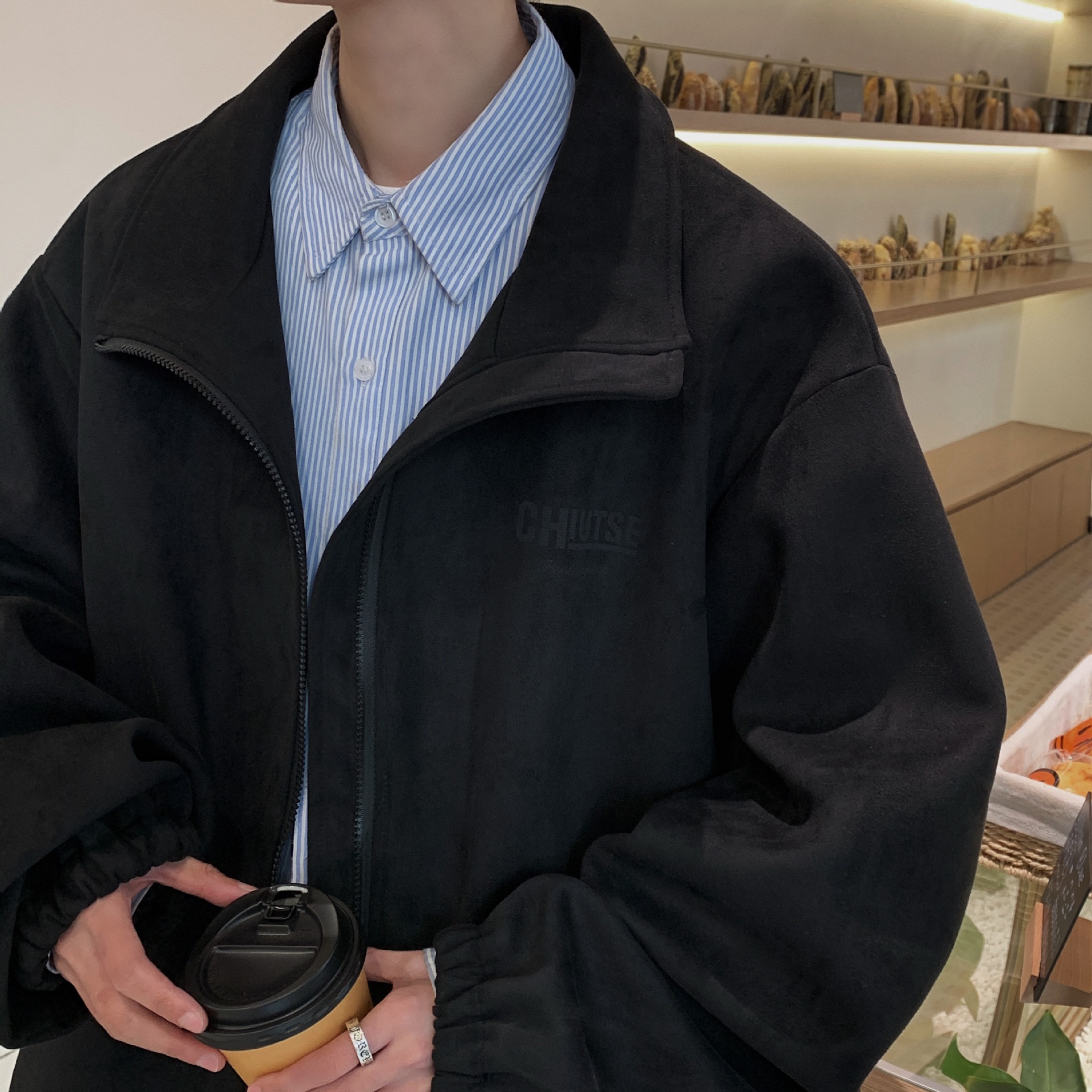 American Heavy Deerskin Fleece Jacket Men's Loose Bomber Jacket Lapel Couple_voghion.com
