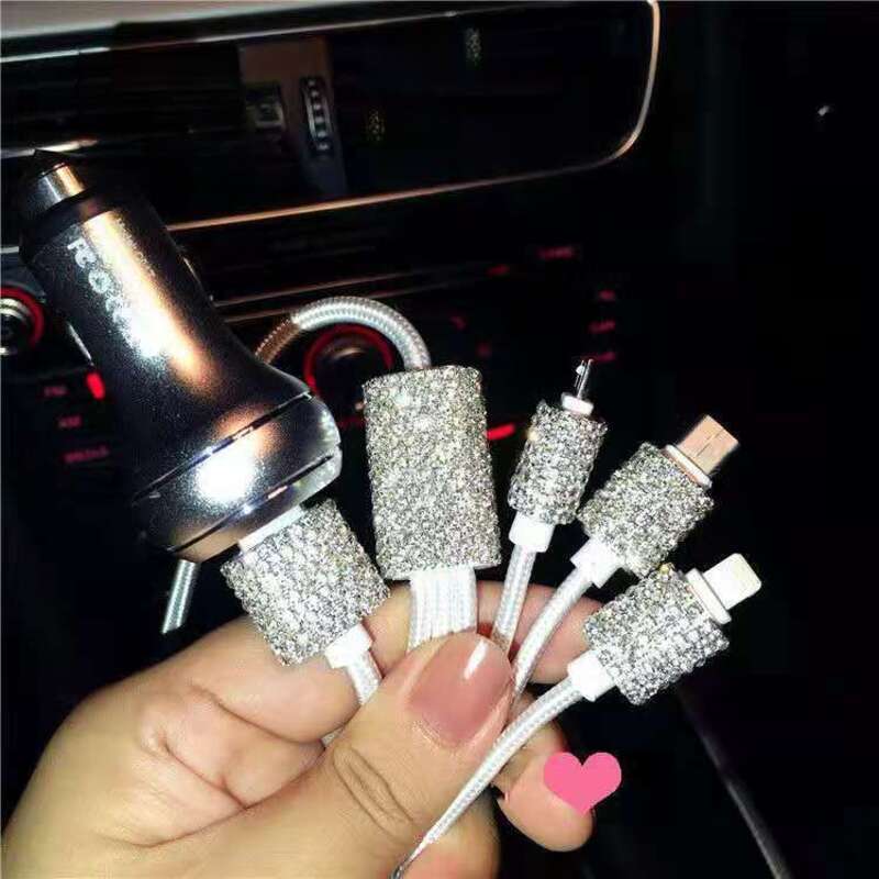 Elmas Gömülü Bir ila Üç Hızlı Şarj Veri Kablosu, Araba USB Çakmak, Cep Telefonu Şarj Cihazı_voghion.com
