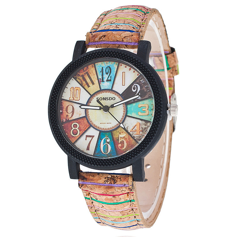 Reloj de señora con tocadiscos de madera con diseño de rayas vintage, reloj de cuero, reloj de moda informal