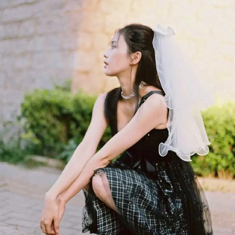 Hair Jewelry Short Small Head Veil Bow Fluffy Yarn Bride Wedding hair accessories_voghion.com