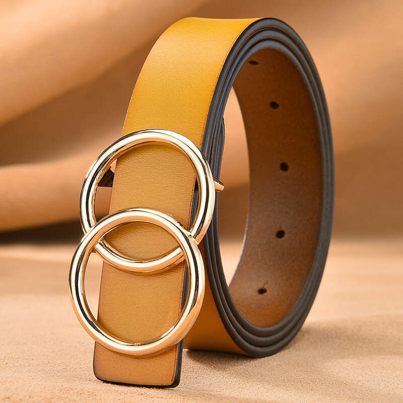 Real Smooth Versatile Double Circle Round Buckle Real Leather Women's Belt_voghion.com