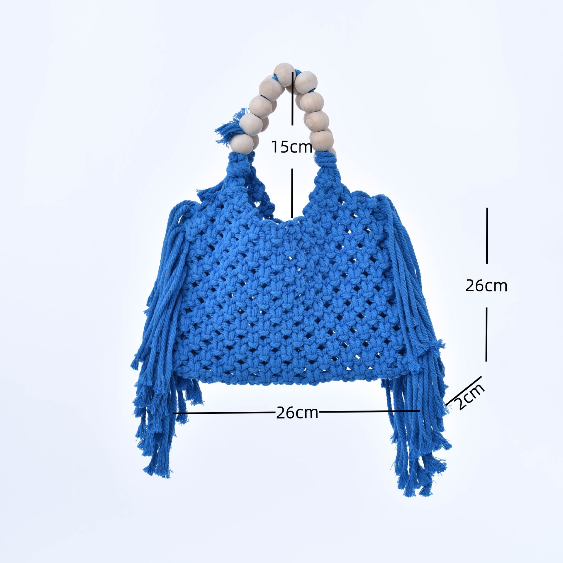 Borsa da donna con nappa popolare transfrontaliera in paglia intrecciata a mano, corda di cotone cava, perline di legno, manico, punto di fabbrica di Laizhou_voghion.com