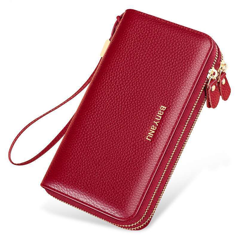 Women's Long 2024 New Fashion Large Capacity Head Layer Cowhide Wallet Double Zipper Leather Handbag_voghion.com