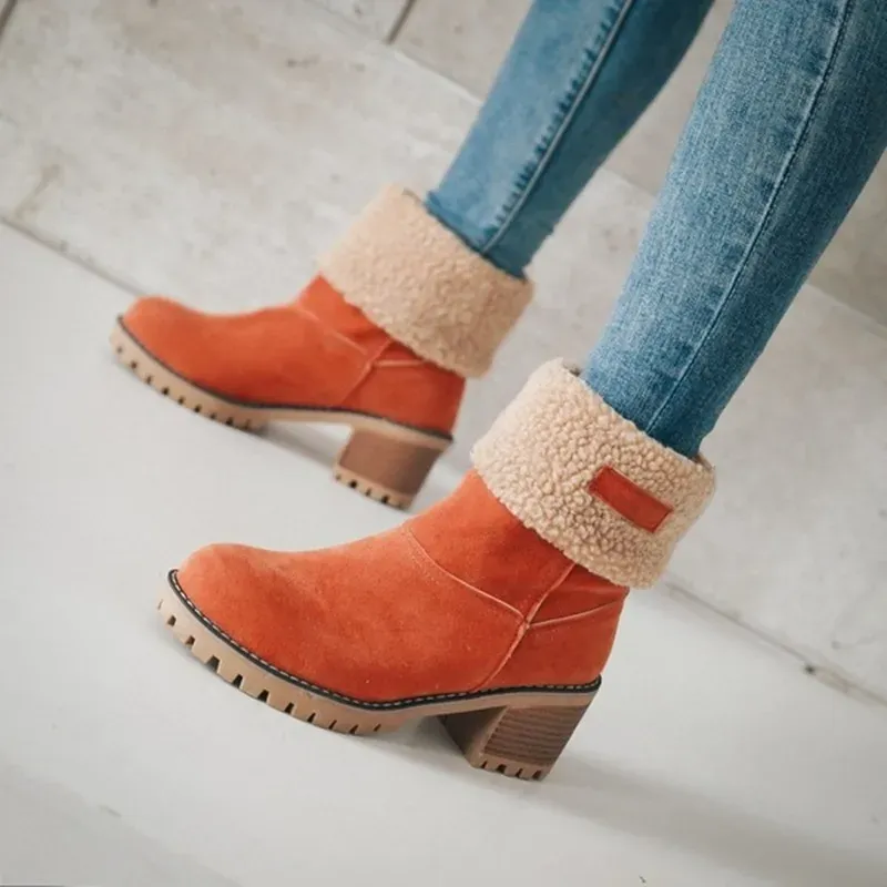 Autumn and Winter Fashion New Casual Comfortable Plus Veet Warm Square Heel Round Toe Solid Color Women's Ankle_voghion.com