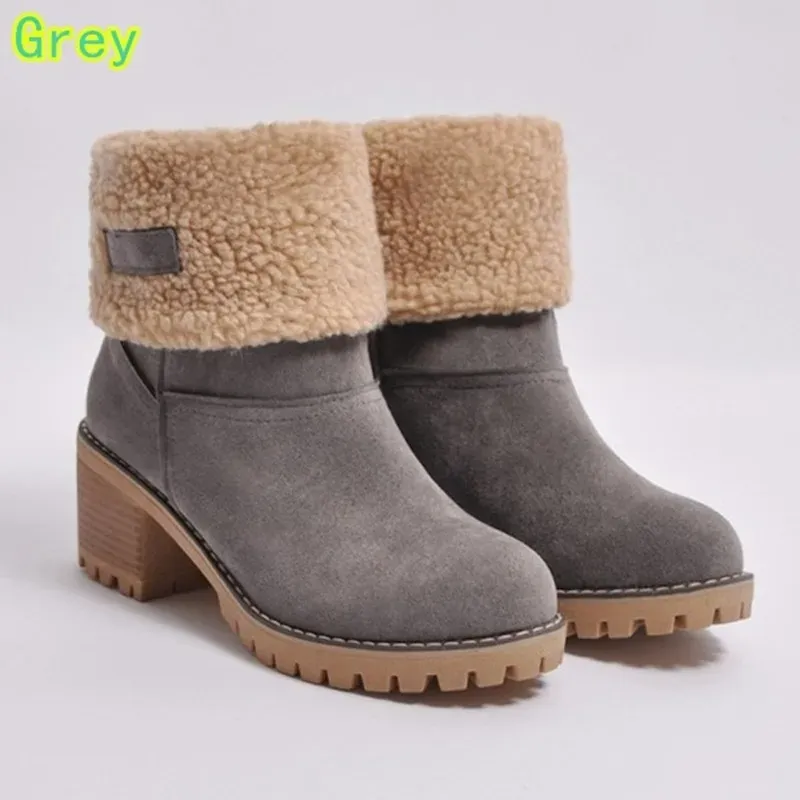 Autumn and Winter Fashion New Casual Comfortable Plus Veet Warm Square Heel Round Toe Solid Color Women's Ankle_voghion.com