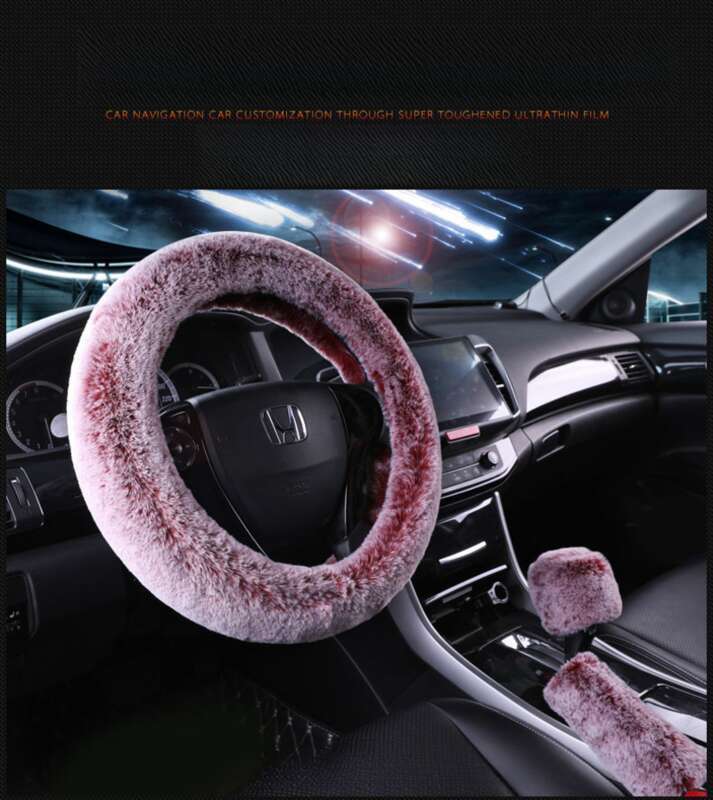 Steering Winter Otter Rabbit Fur Car Steering Wheel Plush Cartoon Handle Cover Three Piece Set Universal_voghion.com