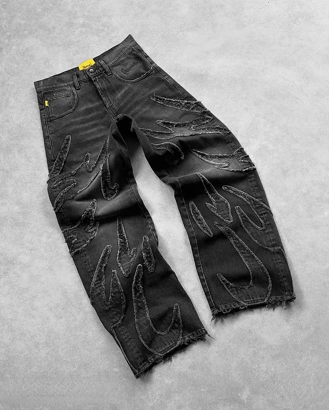 Baggy Jeans voor Heren Y2k Hip Hop Distressed Retro Zwarte Broek Oversized Borduurwerk Haruku Gothic Wijde Pijpen Broek_voghion.com
