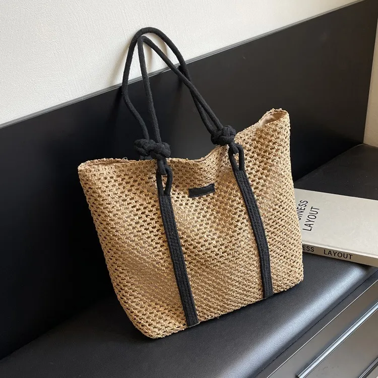 2025 Spring Summer New Arrival - Boho Chic Oversized Straw Tote Bag W/Shoulder Strap Free Shipping Lattice-Design Work &_voghion.com