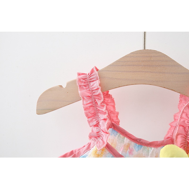 Neues Sommerkleid für Mädchen, rosa, Strand, lässig, bequem, mit Riemen, fragmentiertes Blumenkleid, Fliege, Netz, gefaltetes Strandkleid_voghion.com