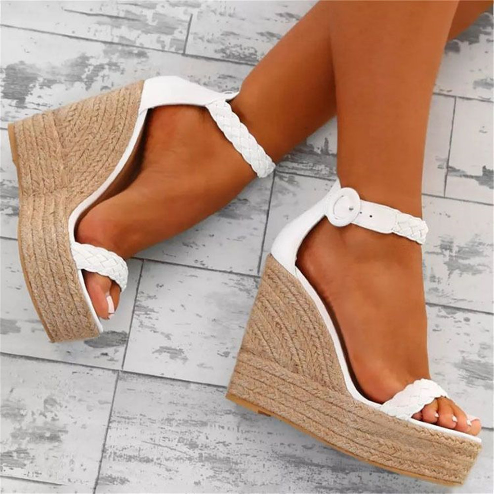 Dames zomer nieuwe henneptouw zomen hoge hakken grote maat dames sandalen met sleehak_voghion.com