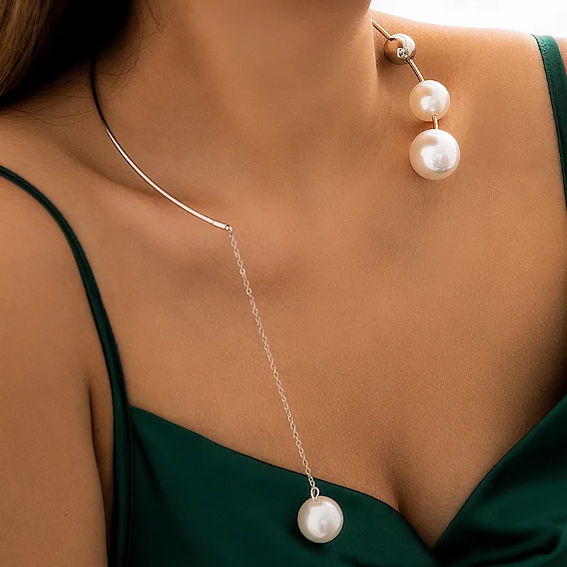 Colliers pendentifs au design exagéré, collier à boules de perles pour femmes, cerceau de perles en métal géométrique, bijoux ouverts vintage_voghion.com