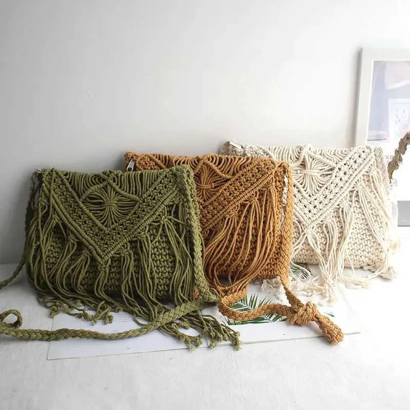 Handmade Cotton Woven Knitted Crossbody Bag With Tassels Vintage_voghion.com