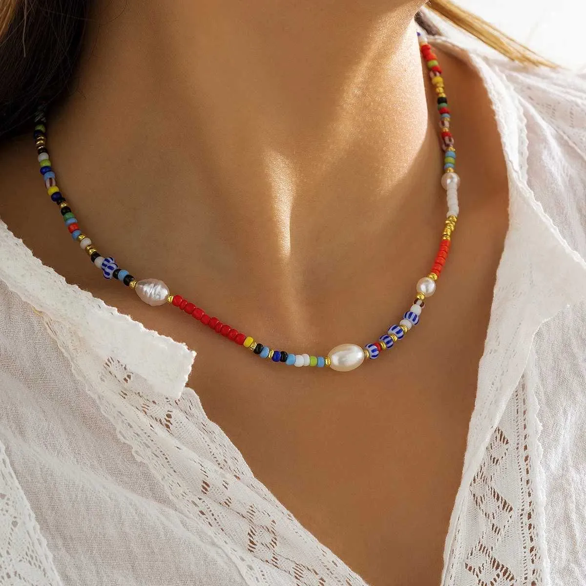 Colliers pendentifs nouvelle mode coréenne colorée mignonne perles de rocaille chaîne collier ras du cou pour femmes perles simulées baroques_voghion.com