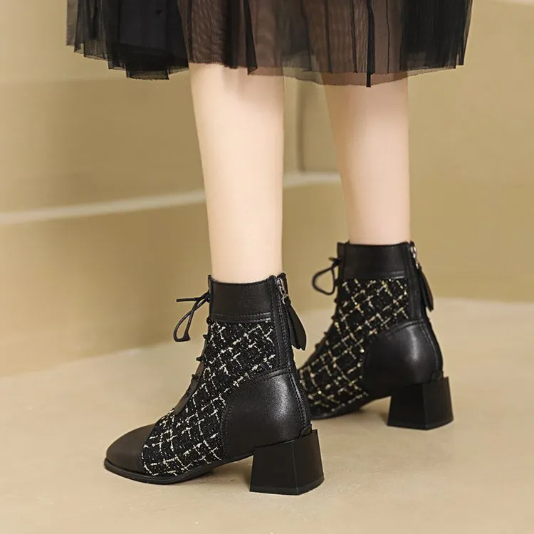 Stivali da donna alla moda con tacco alto, allacciati sul retro, con cerniera, a quadri con mille uccelli, spessi e quadrati, versatili_voghion.com