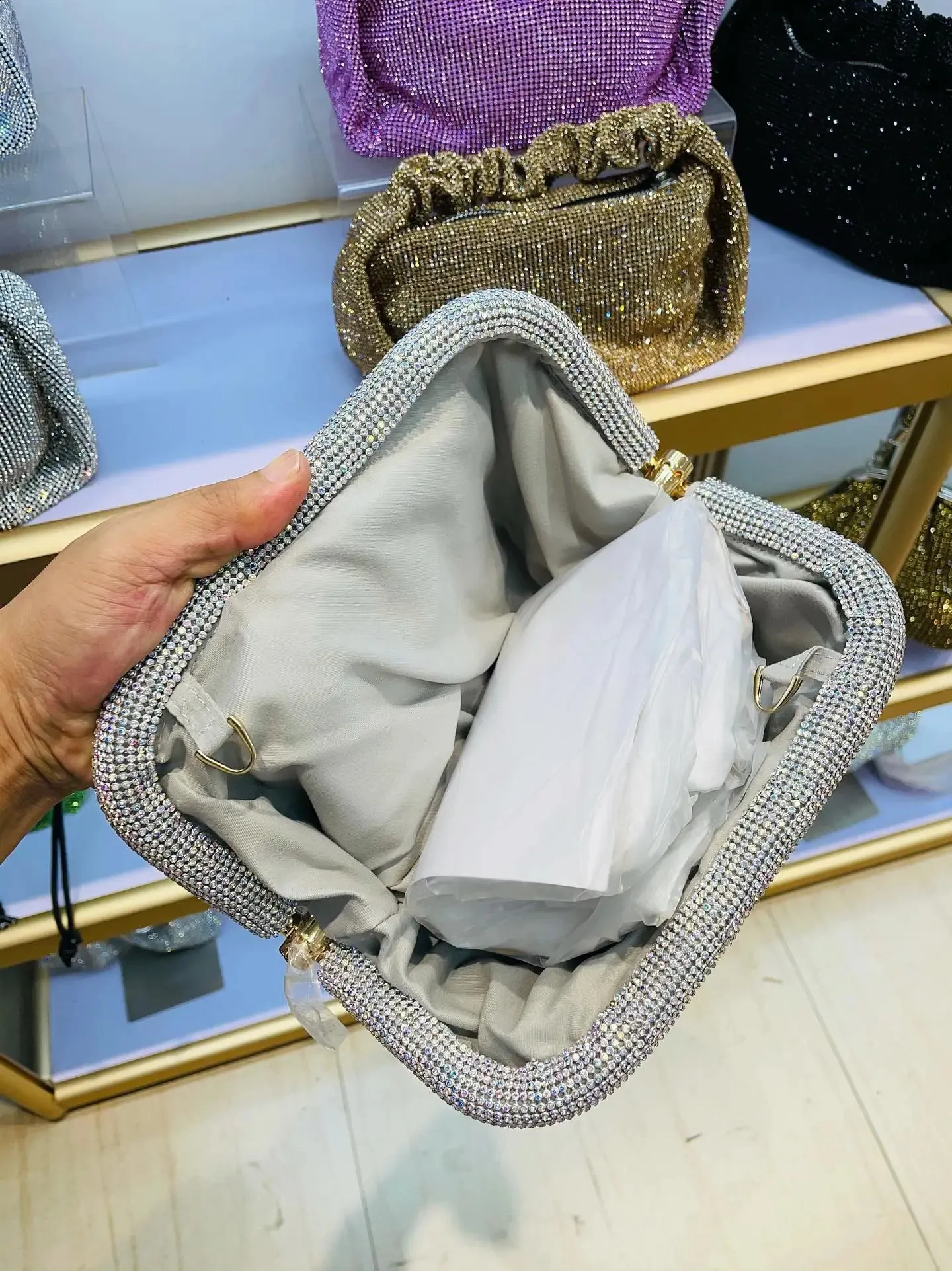 Shell Clip Rhies Handbag For Women Purse Shiny Handmade Dia Shoulder Crossbody Evening Bag 240902_voghion.com