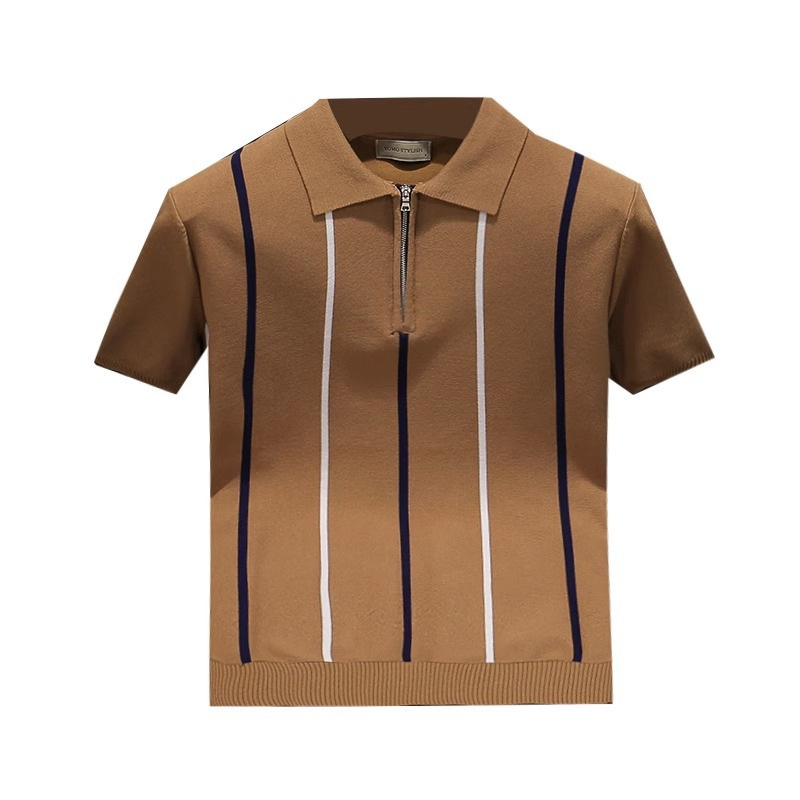Herenkleding Zomer mode dunne ijs zijde gebreide korte mouwen heren retro gestreepte slanke poloshirt high end revers t-shirt_voghion.com