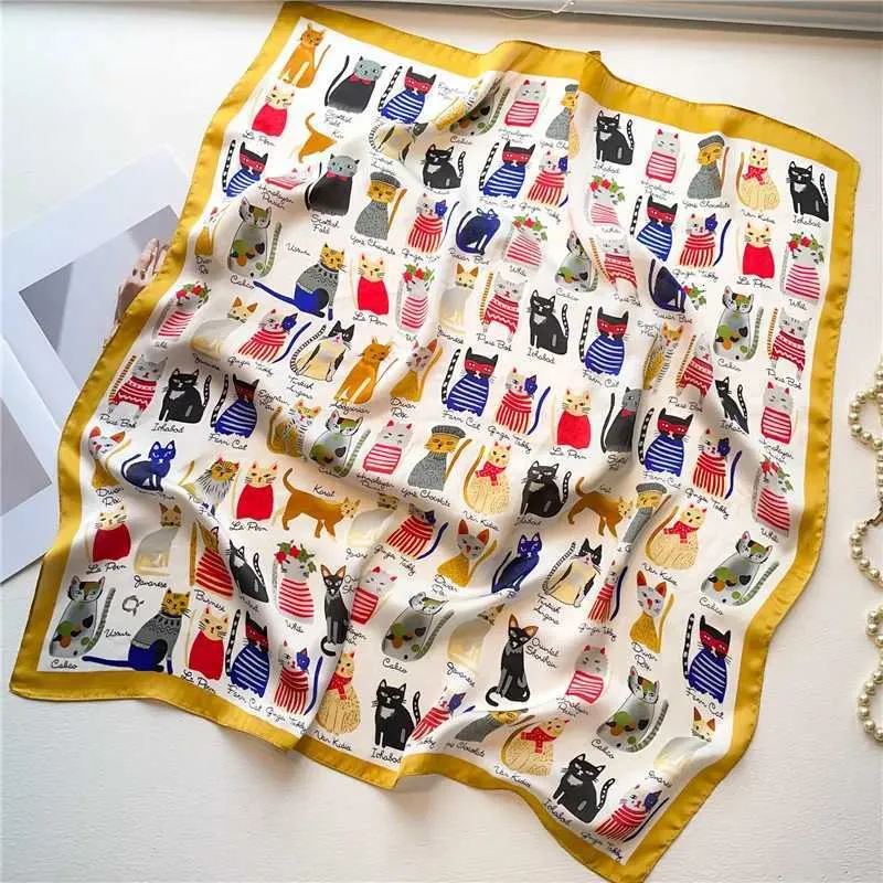 2025 Seidenschal Print Kopftuch Katze Haar Wrap Halstuch Weibliche Satin Quadrat Schal Für Frauen Stirnband Foulard Hijab_voghion.com