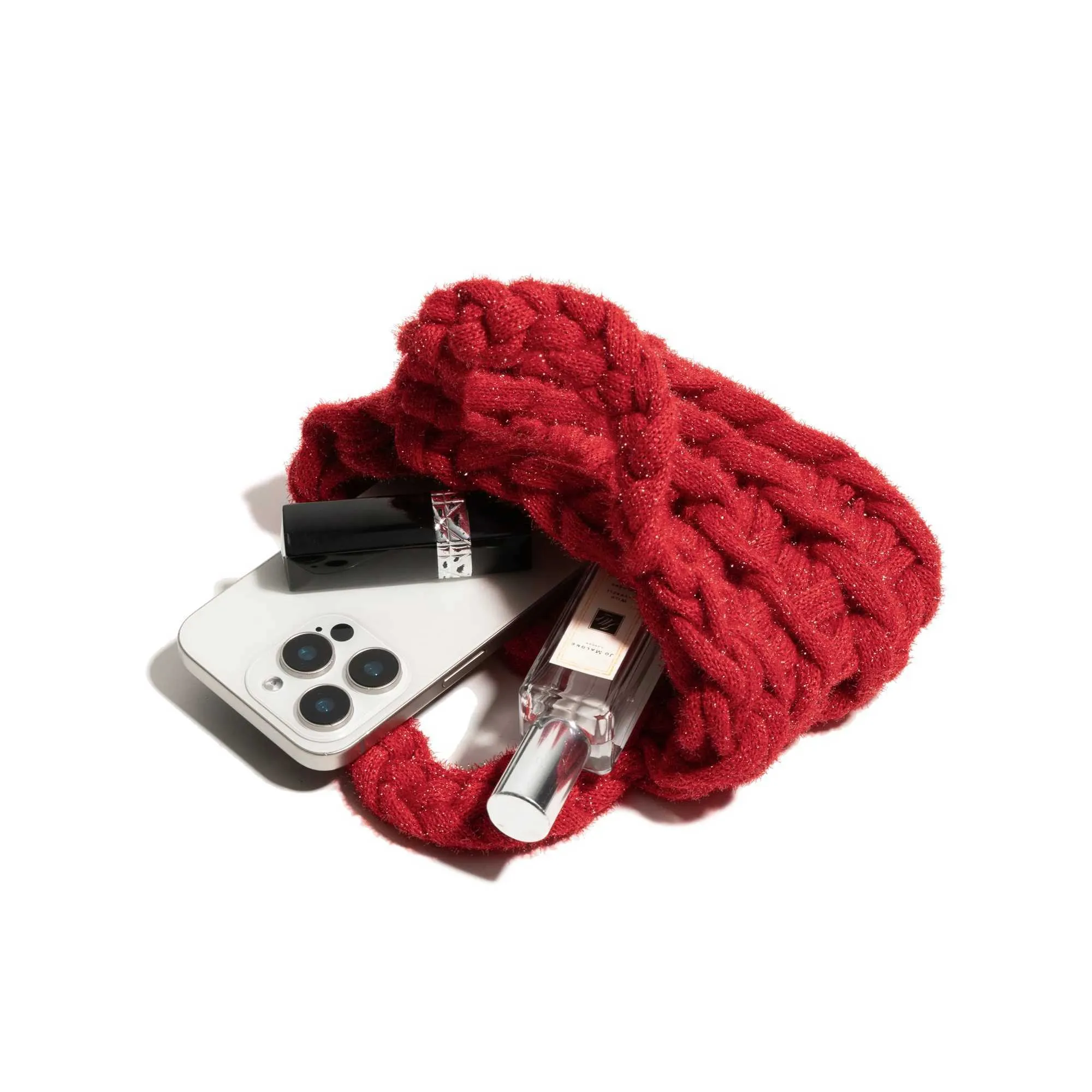 MABULA Weihnachtsrote gestrickte Hobo-Handtasche, Winter, warmer Baumwollstoff, stilvolle gewebte Handy-Geldbörsenkette, schlichtes Design_voghion.com