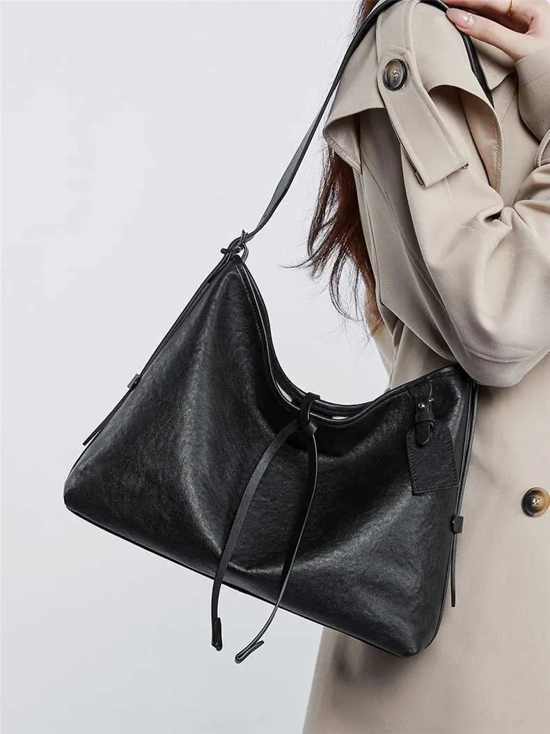 Toptrends Vintage Echtes Leder Große Unterarm Schulter Taschen Für Frauen 2024 Designer Einfache Weibliche Tote Hobo Damen_voghion.com