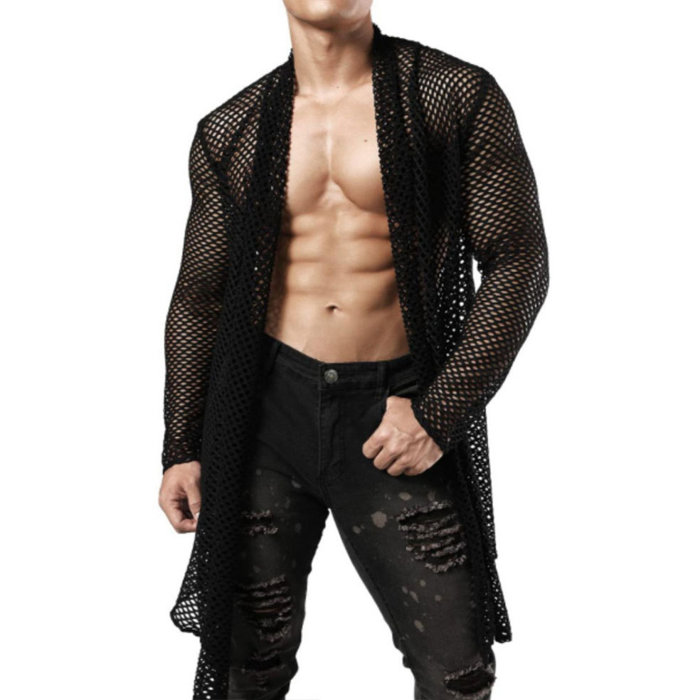 Herren-Übergröße, Schalkragen, Cut-Out, lange Strickjacke, Netzstoff, durchsichtig, Langarmshirt_voghion.com