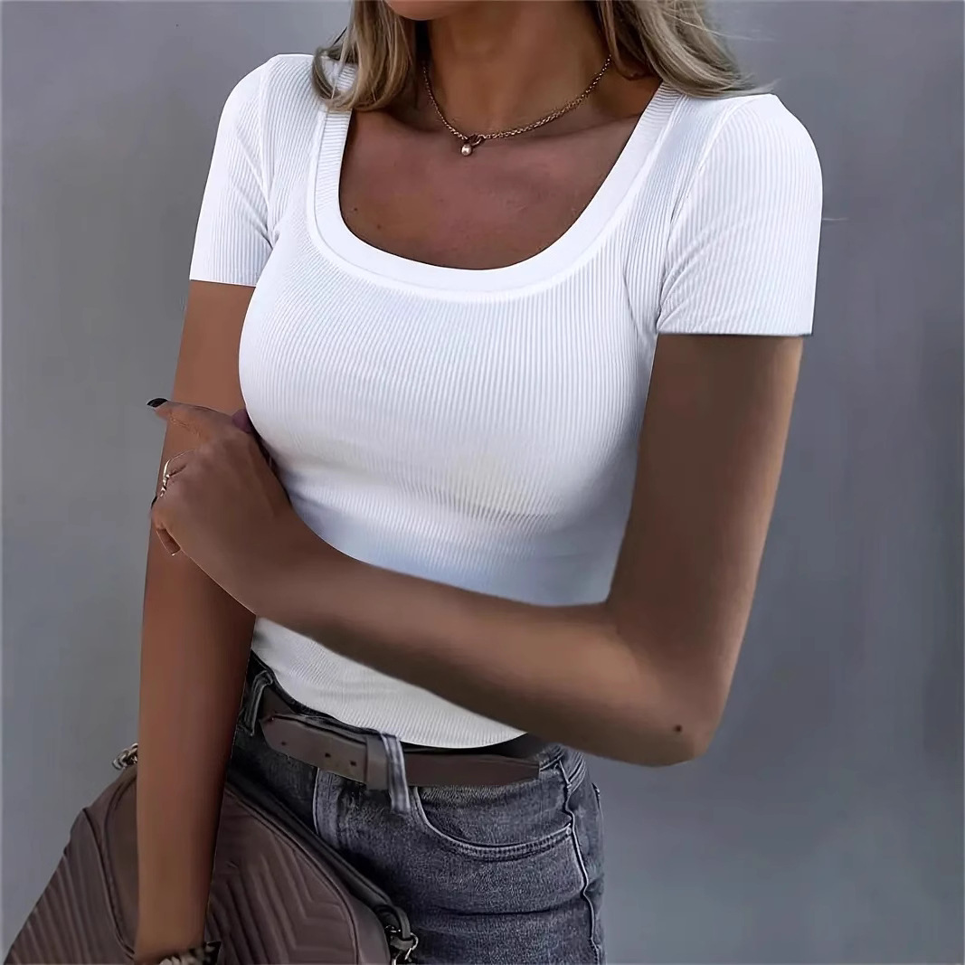Women’s Clothing Threaded Ribbed Sexy Slim Short Sleeved Large U Neck T Shirt