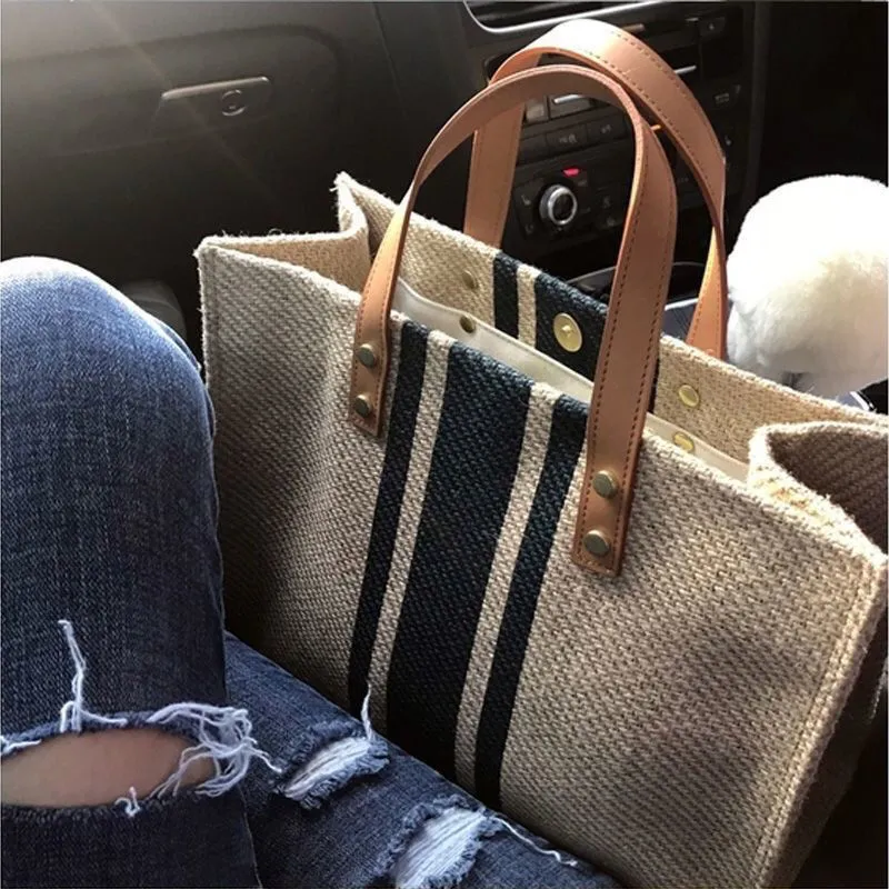 Borsa a mano da donna, semplice, alla moda, di grande capacità, vintage, a righe, portatile, stile coreano._voghion.com