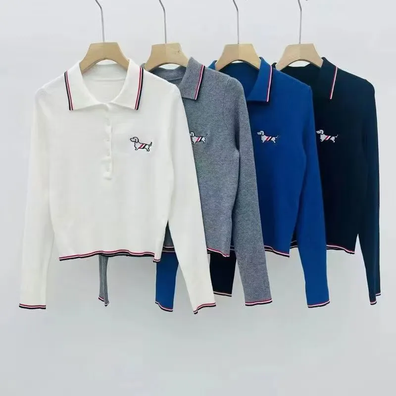 Herbst-Winter-Mode: Vielseitiges Polohemd mit Welpenstickerei im neuen Stil, figurschmeichelnd, langärmlig, mit Umlegekragen und Strickbasis_voghion.com