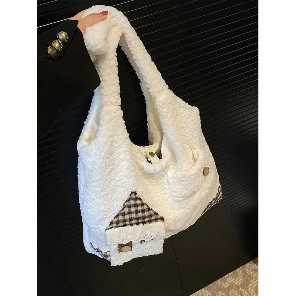 Vrouwen schattige fleece patchwork cartoon patroon effen pluche schoudertas grote capaciteit vrouwelijke forensen Veet handvat_voghion.com