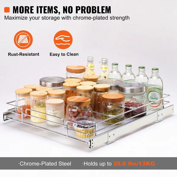VEVOR 14'W X 21'D Pull Out Cabinet Organizer, Heavy Duty Slide Out Pantry Shelves, Chrome-Plated Steel Roll Out Drawers, Sliding Drawer Storage For_voghion.com