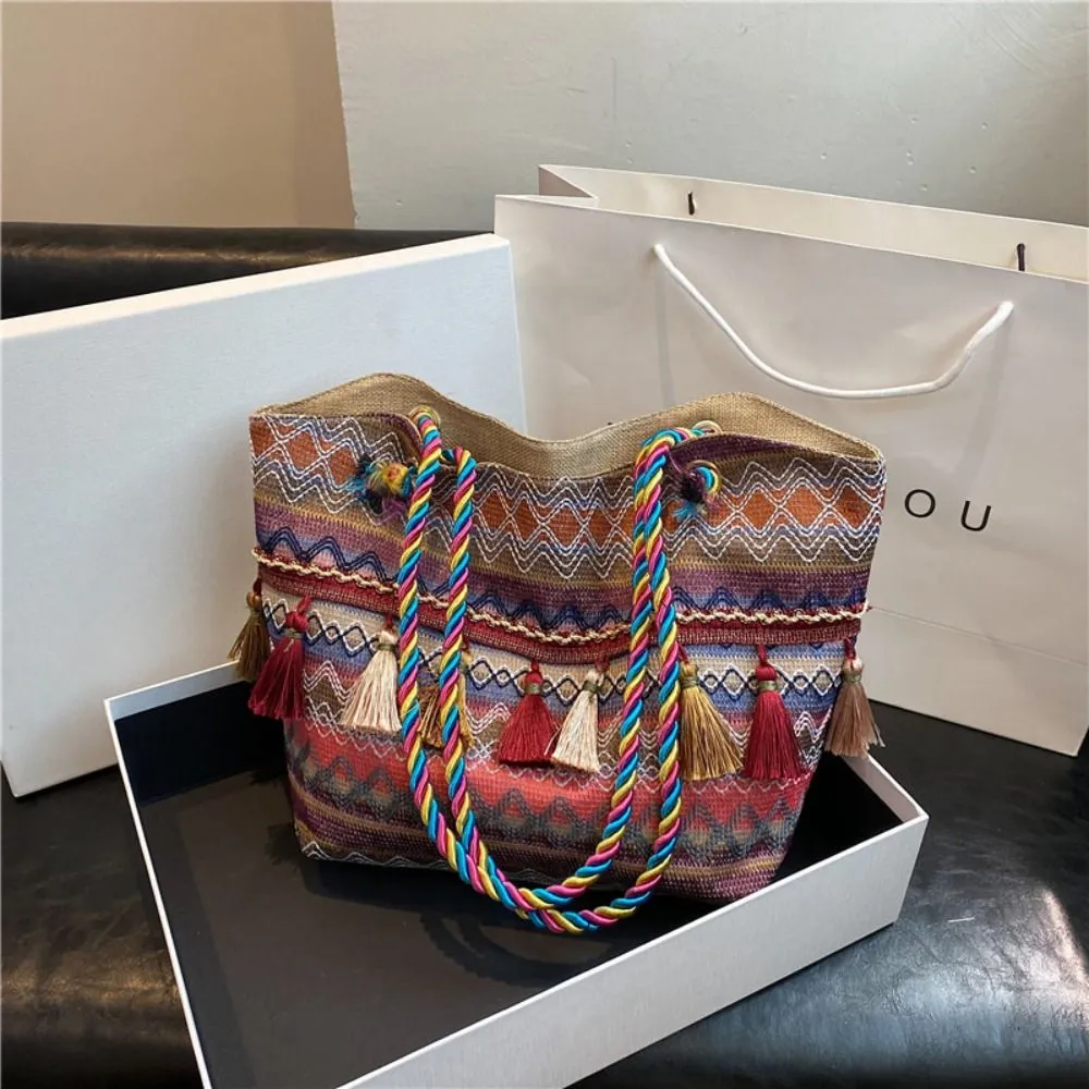 Stripe Ethnic Shoulder Tassel Large Capacity Canvas Colorful Handbag Travel Storage Bag Korean Style_voghion.com
