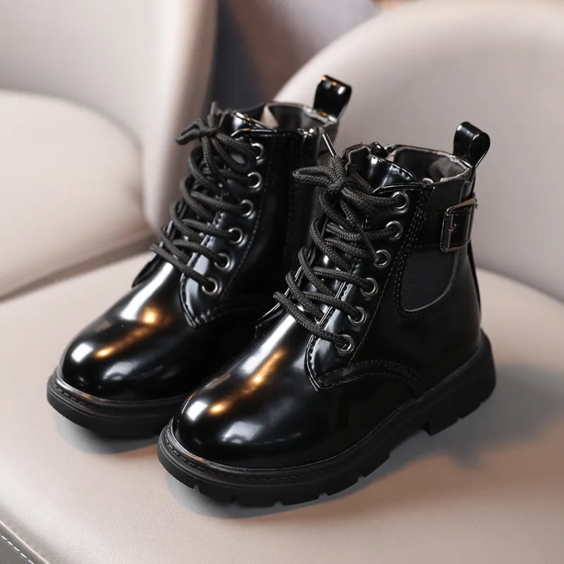 Botas cortas de piel lacada para niña, zapatos para niño, otoño invierno 2024, talla 21_voghion.com