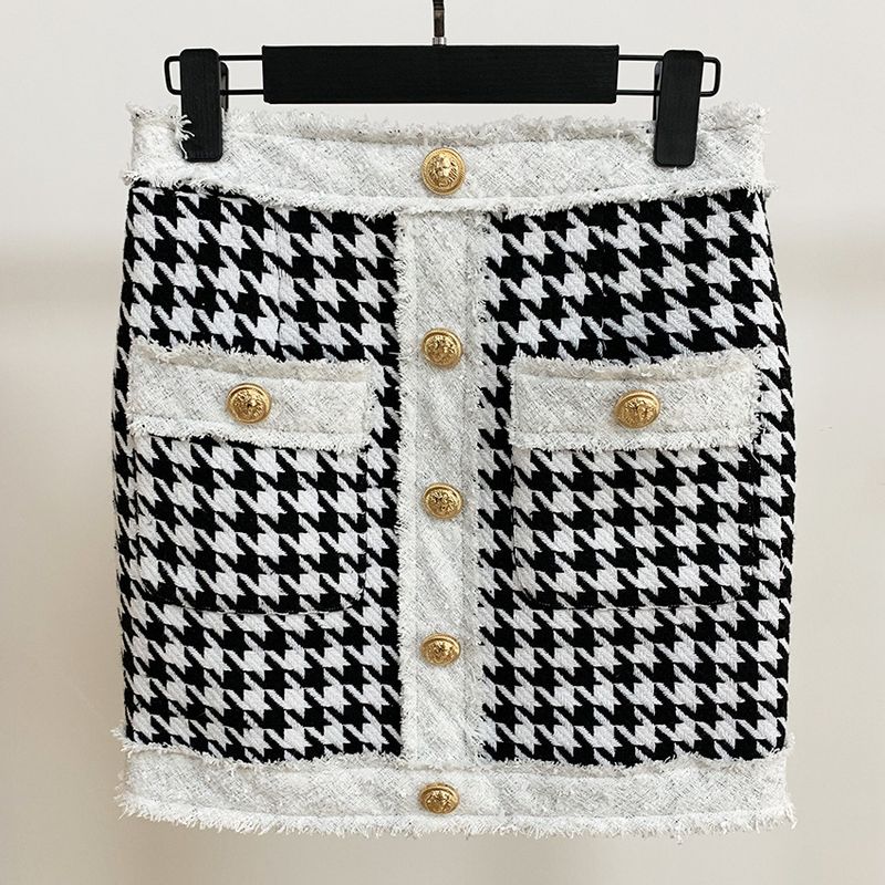 Women's Clothing autumn and winter star round neck zipper houndstooth fringed tweed jacket short coat_voghion.com