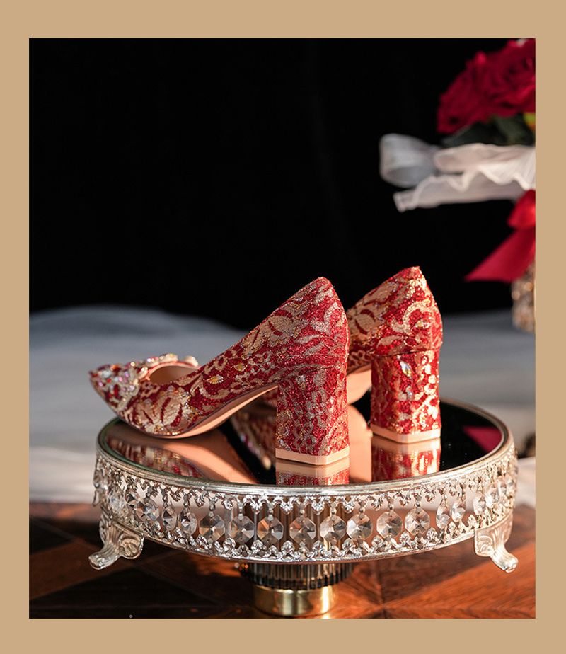 6555F-007 Dia Pointed Thick Women's High Heels Sequin Dress Red Wedding Bridal Single Shoes Goddess_voghion.com