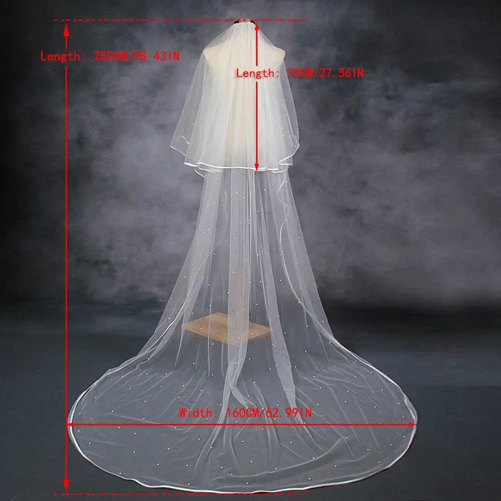 Haarschmuck Perlen Perlen Braut 2 Tier Lange Kathedrale Schleier Band Rand Mit Kamm Drop Stil Brautkleider_voghion.com