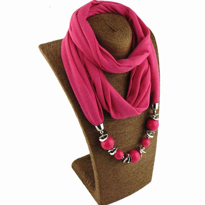 Sciarpa da donna, sciarpa con scialle, collana con ciondolo con perline, sciarpa etnica in chiffon tinta unita, con nappa_voghion.com