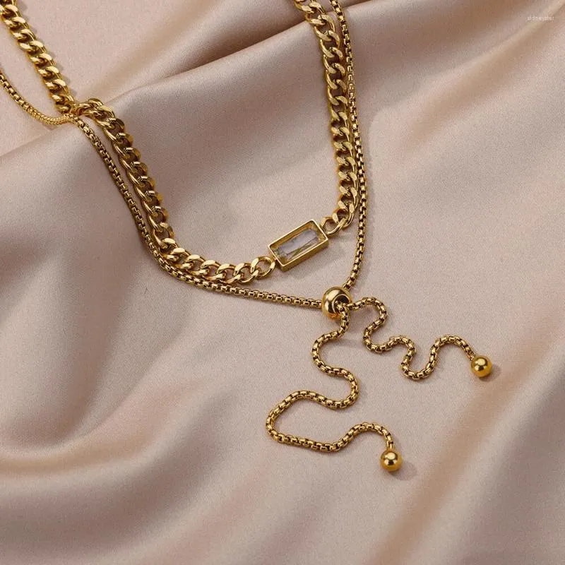 Collane con ciondolo in acciaio inossidabile, cristallo quadrato, zircone, per donna, collana girocollo a catena cubana multistrato, matrimonio_voghion.com