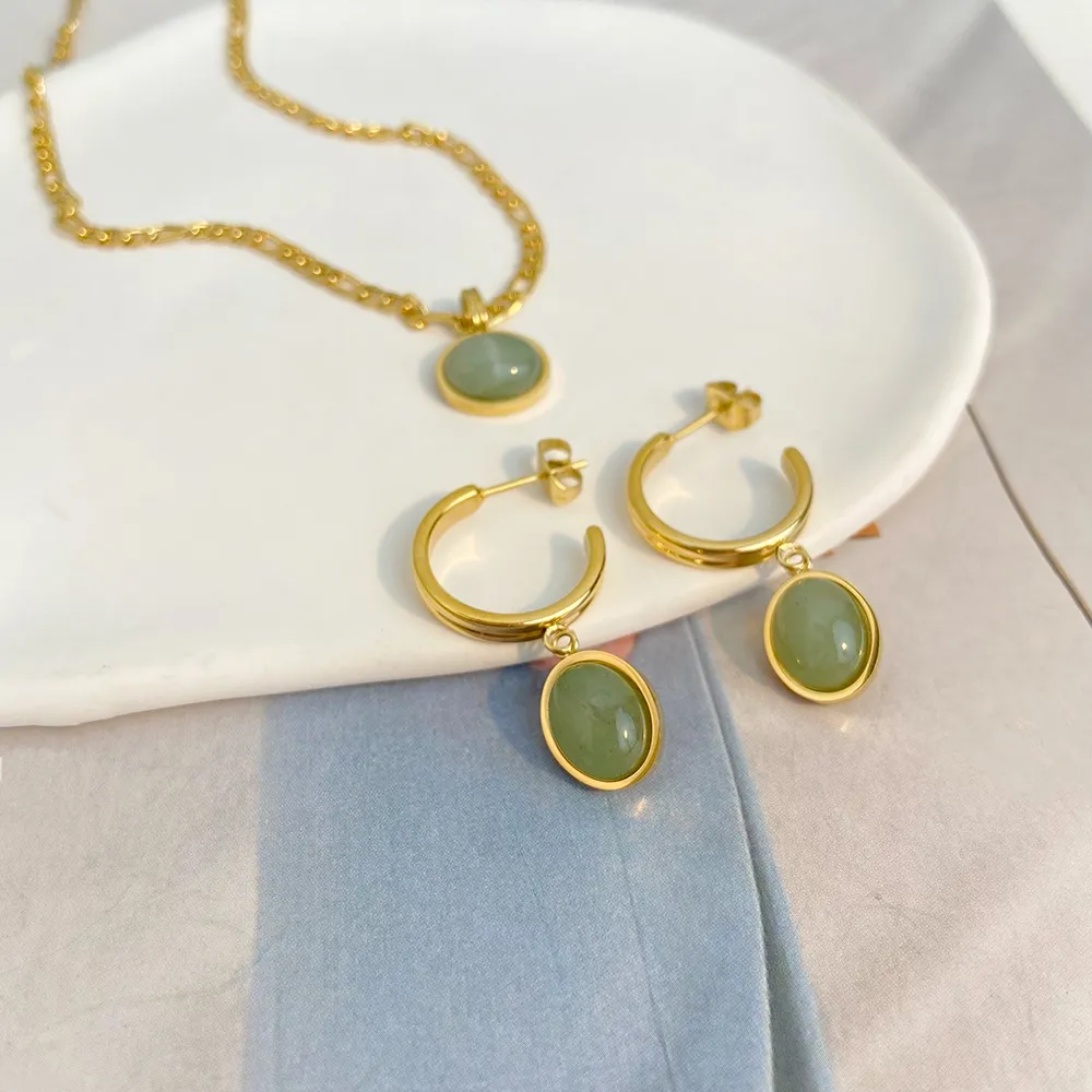 Grüner Aventurin Jade runder Anhänger Figaro Kette Edelstahl Halskette Ohrringe Set Vintage vergoldeter Schmuck für_voghion.com