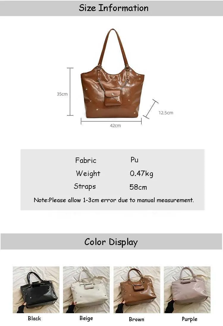Sacs à bandoulière en cuir PU solide pour femmes, sacs de loisirs de grande capacité pour les déplacements féminins, sacs sous les bras avec étoiles et appliques, poignée_voghion.com