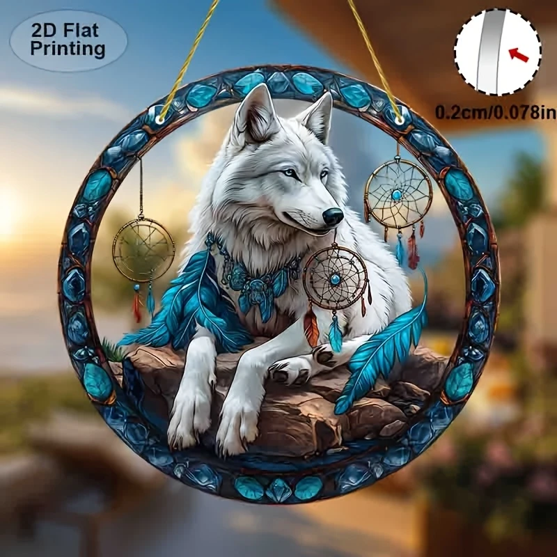 Wolf-Traumfänger aus Acryl mit blauen Federn und Perlen. Perfekt für Schlafzimmer/Wohnzimmer/Außendekoration. Einzigartiges Geschenk für Schwestern/Freunde_voghion.com