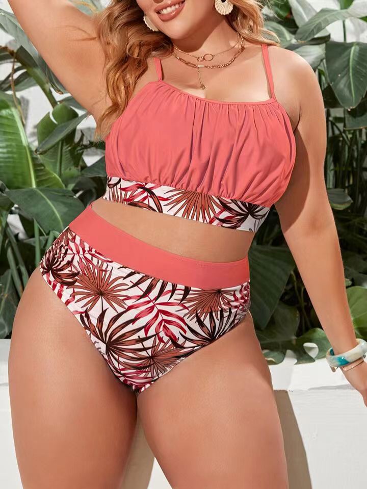 Women's large size plant print bikini suit chest pleated sling high waist split bikini_voghion.com