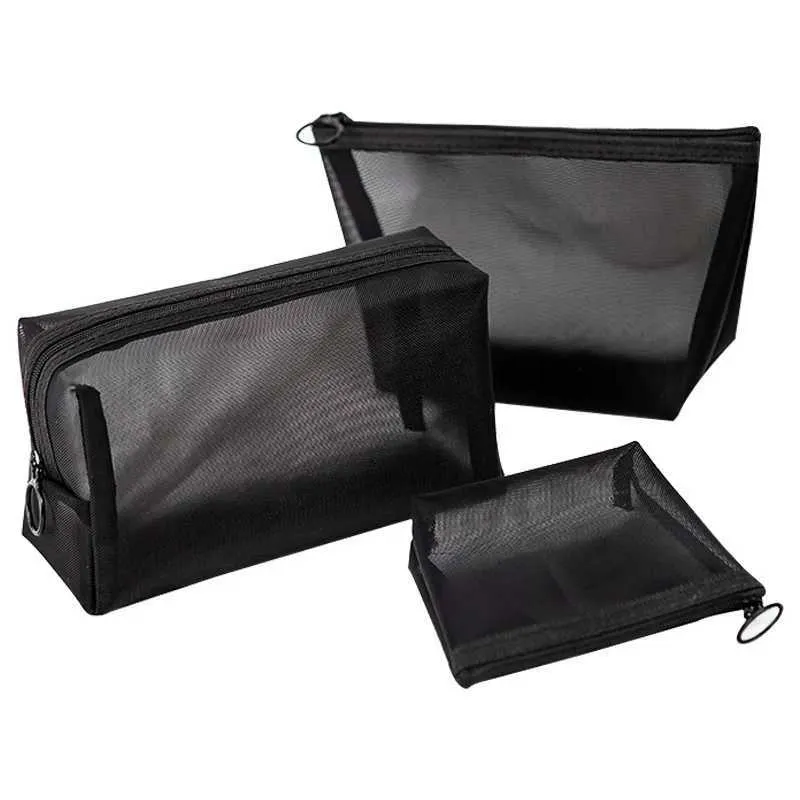 Nouveau petit sac de rangement de toilette de voyage portable en maille transparente noire pour cosmétiques Y241023_voghion.com