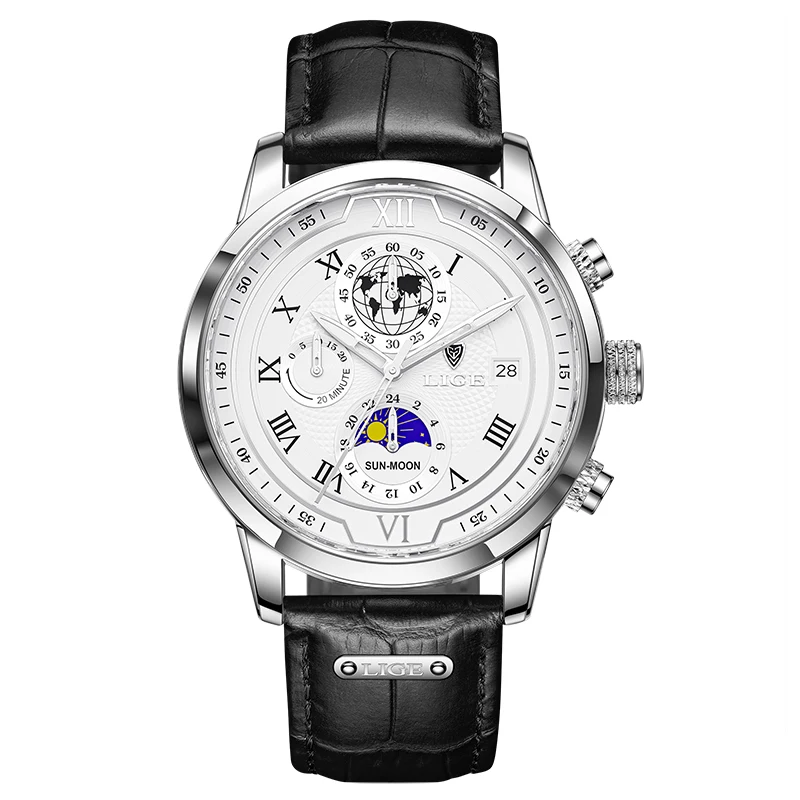 Mens Chronograph Leather Watch Waterproof Sport Automatic Date_voghion.com