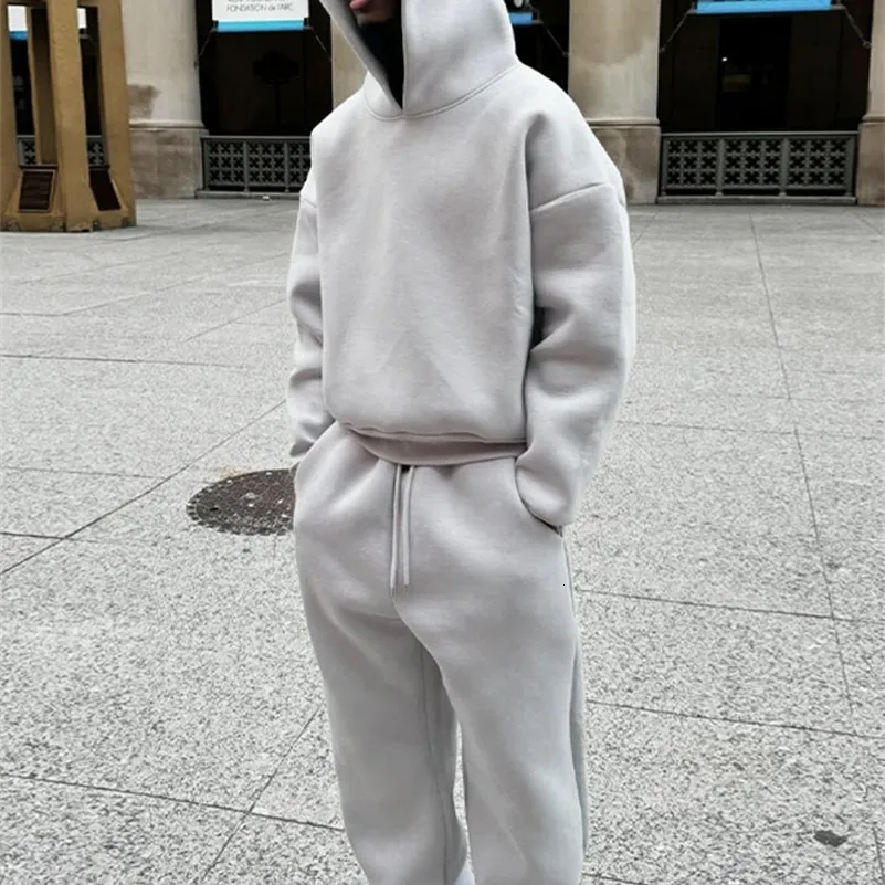 Casual Solid Couples Hooded Sweatshirt And Loose Sweatpants 2 Piece Suit Male Autumn Jogging Trousers Outfits Suits_voghion.com