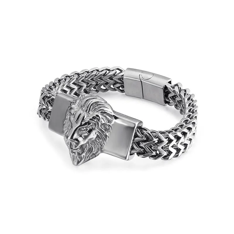 Lion Head Cuban Link Chain Bracelet In Stainless Steel For Men_voghion.com
