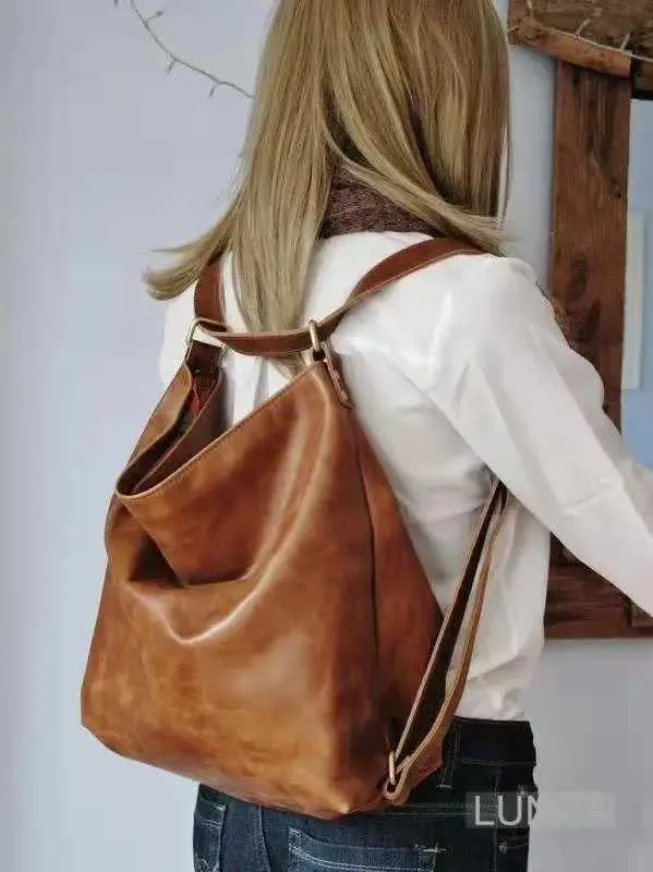 Damen-Rucksack 2-in-1, modisch, Retro, geöltes Wachs-PU-Leder, Schultertasche mit großem Fassungsvermögen, Crossbody-Tasche, einfarbig, britisch_voghion.com