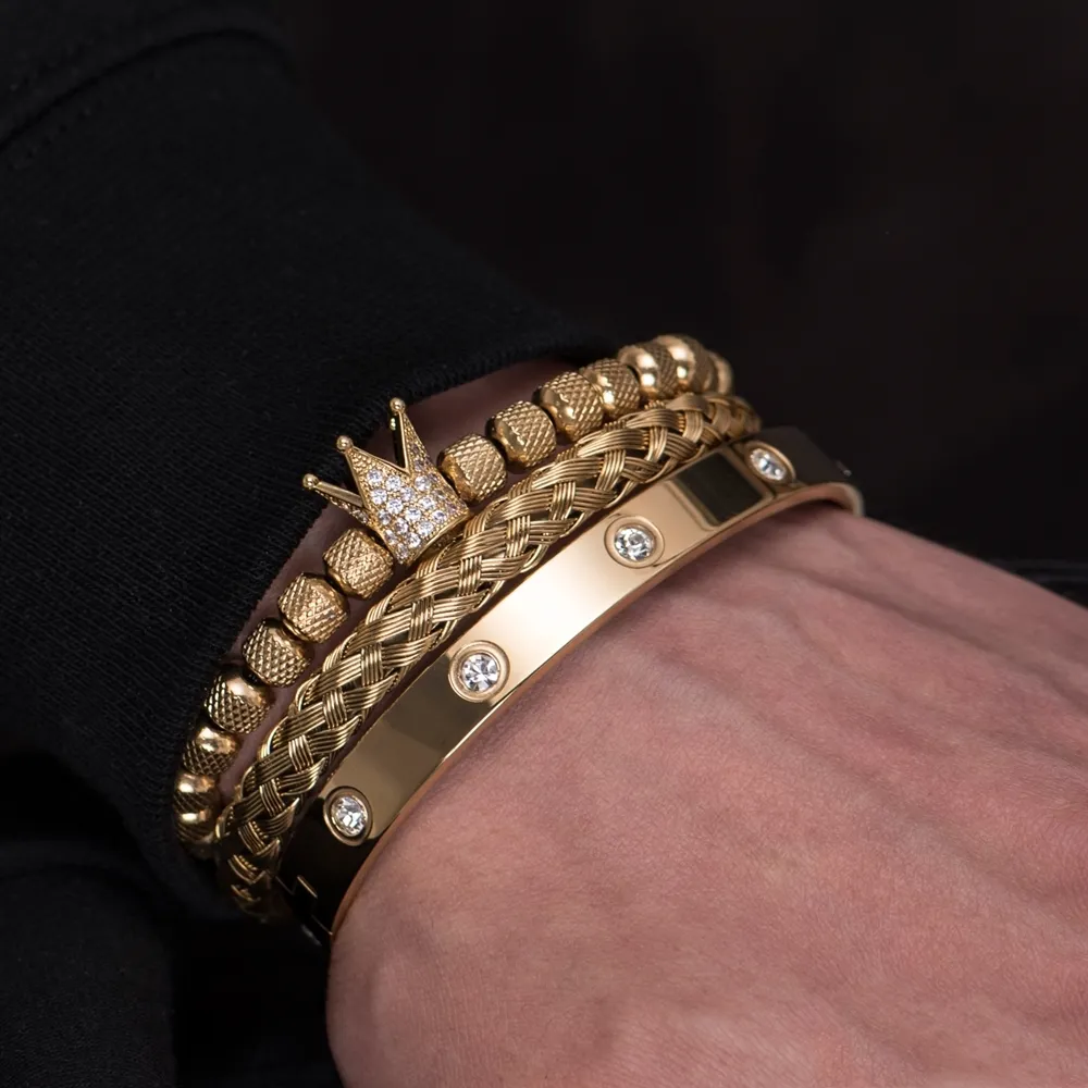 3 stk/sett Micro Pave CZ Crown Roman Royal Charm Men Armbånd Rustfritt stål Krystaller Armbånd Par Håndlagde smykker_voghion.com